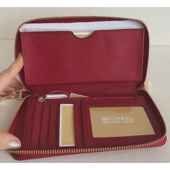 New Michael Kors Jet Set Travel Large Flat phone case Leather Scarlet - Picture 5 of 6